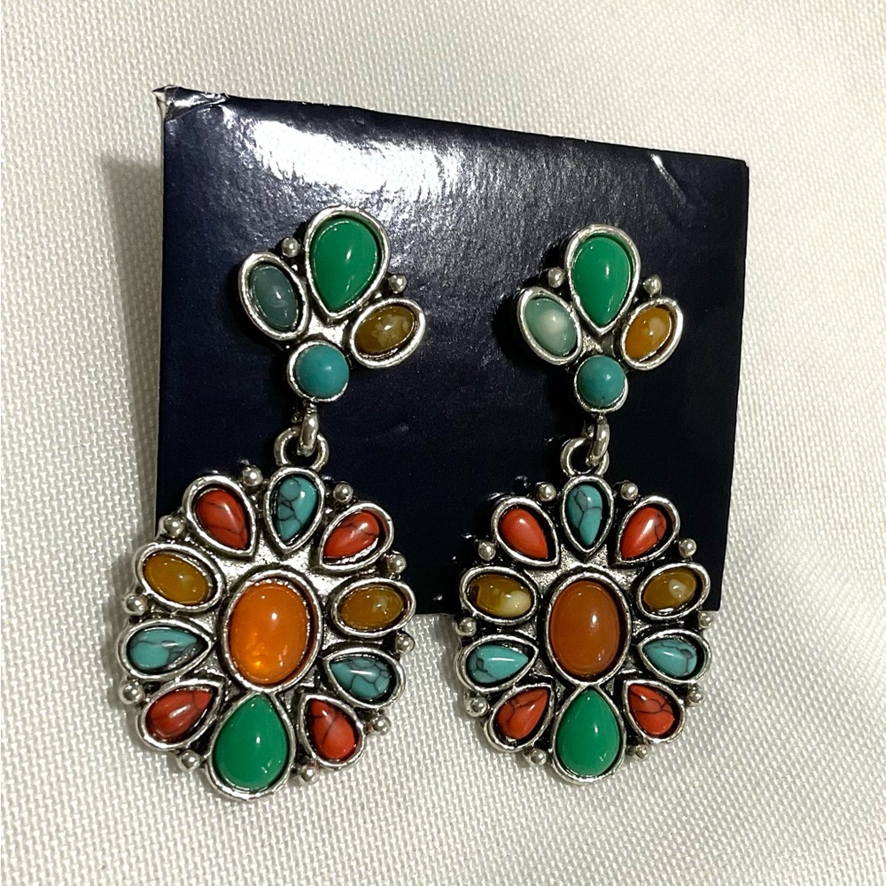 Faux Turquoise & Coral Colored Drop Earrings